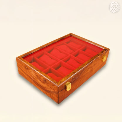 10 Watch Wooden Box with Acrylic Glass Top & Golden Button | Handmade by Woodenxa