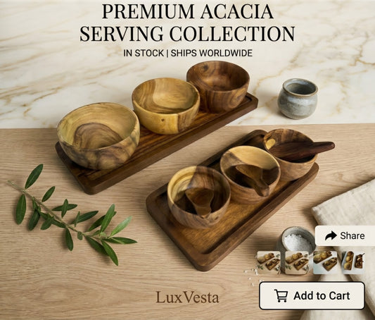Premium Wooden Serving Tray Set with Bowls & Spoons – Handmade Snack Serving Tray for Tea, Dry Fruits & Snacks |