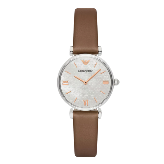 Emporio Armani Brown Leather Strap White Dial Quartz Watch for Ladies - AR1988