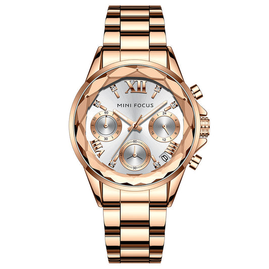 Mini Focus Rose Gold Stainless Steel Silver Dial Chronograh Quartz Watch for Ladies - MF0466L-03