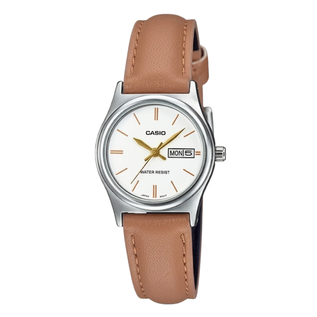 Casio Brown Leather Strap White Dial Quartz Watch for Ladies - LTP-V006L-7B2UDF(AG)