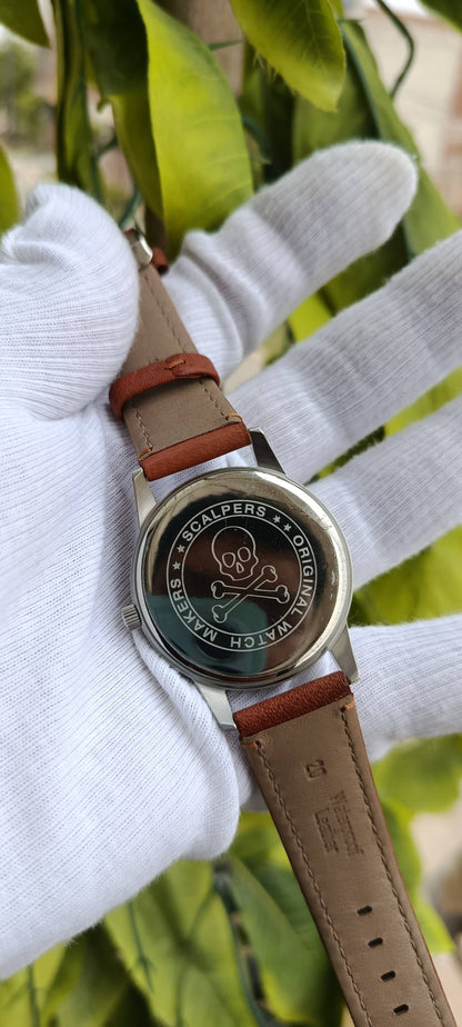 Scalpers Skull Logo Men's Watch – Black Dial, Tan Brown Leather Strap