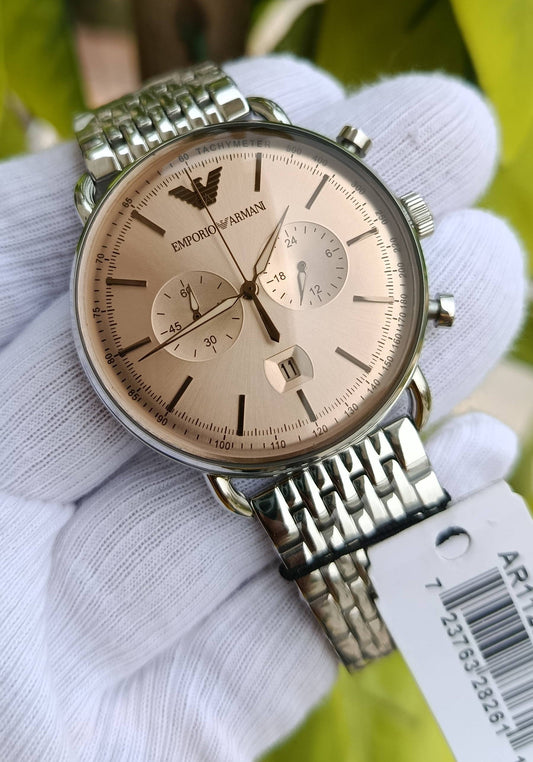 Emporio Armani Men's Chronograph Watch – Rose Gold Dial, Stainless Steel Bracelet, Tachymeter