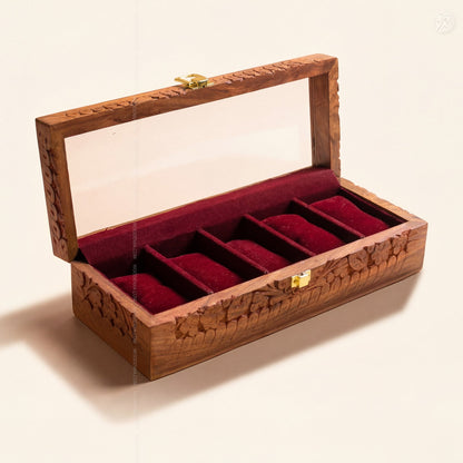5 Watch Wooden Box with Acrylic Glass Top & Carving | Handmade by Woodenxa