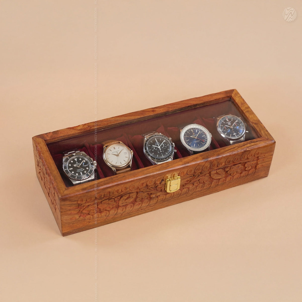 5 Watch Wooden Box with Acrylic Glass Top & Carving | Handmade by Woodenxa