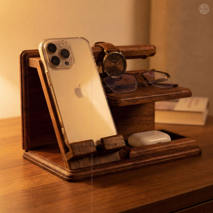 Wooden Multi-Functional Desk Organizer – Phone Stand, Watch & Key Holder