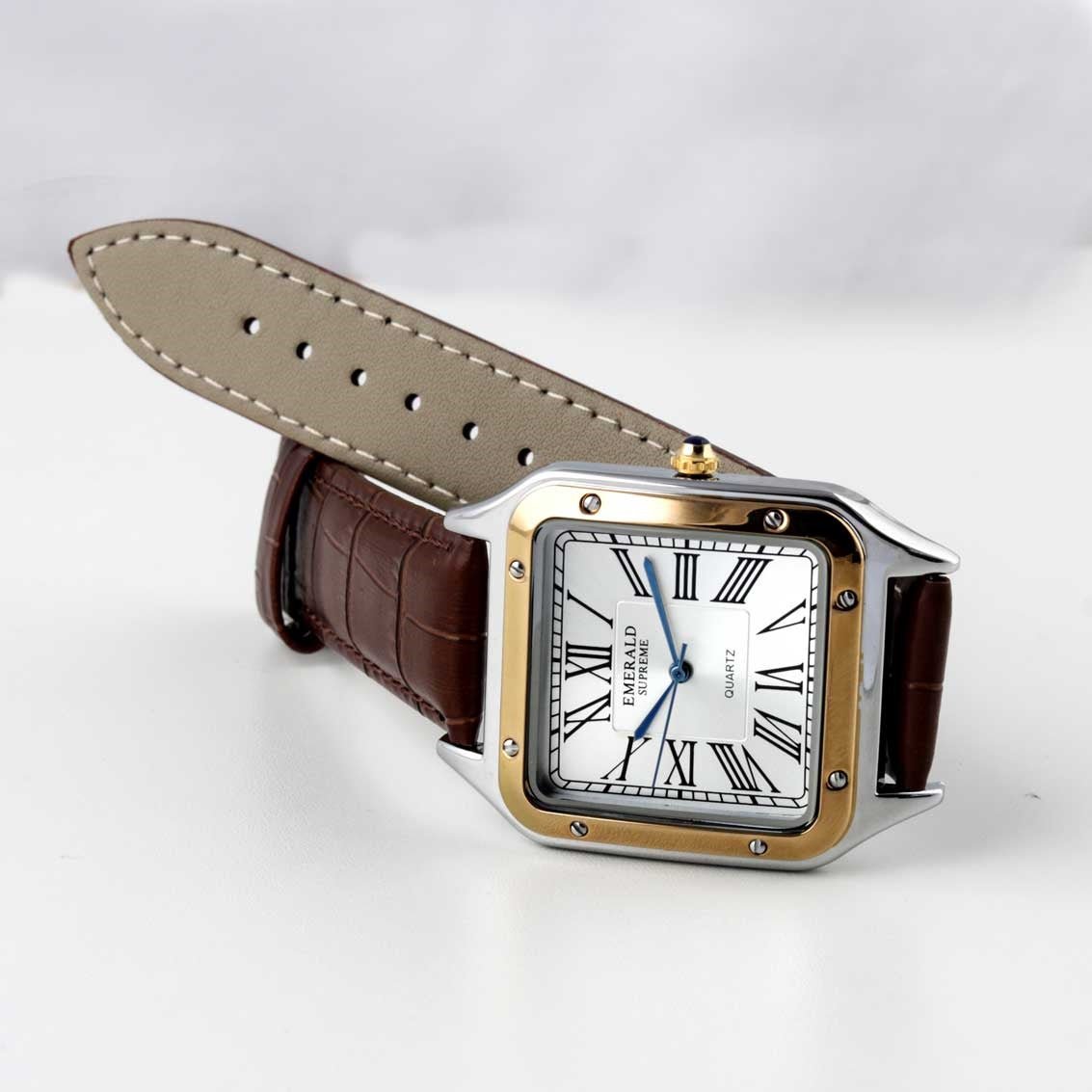 Emerald Santos ES-2033 White Dial Two-Tone Brown Leather Men's Watch