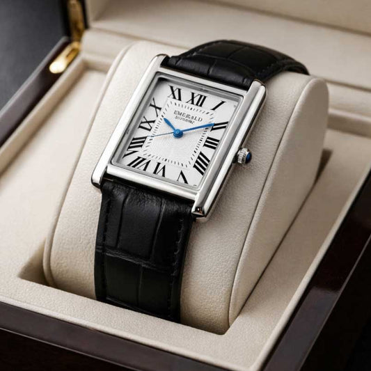 Emerald Tank Solo ES-2026 White Dial Black Leather Men's Watch