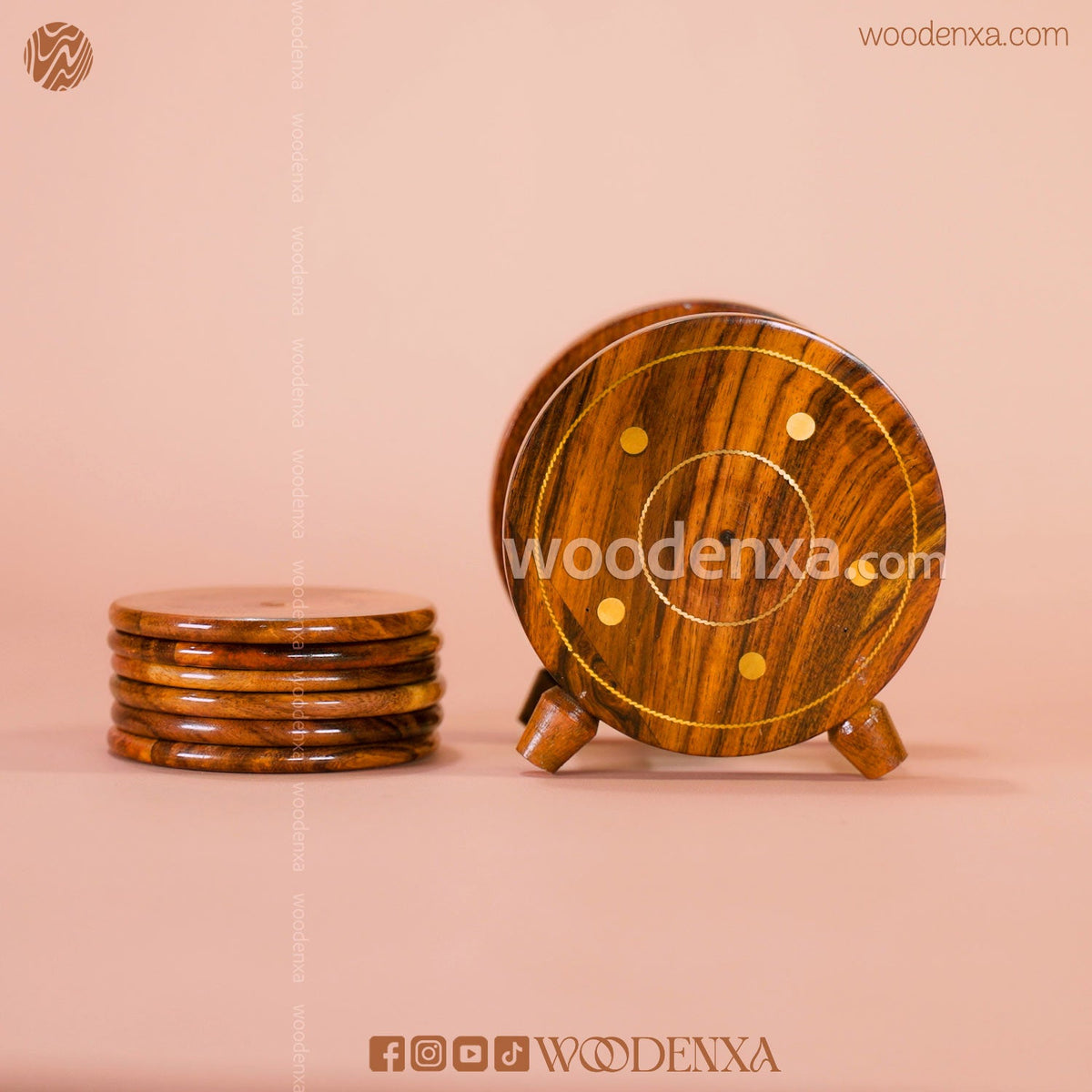Handmade Wooden Tea Mates Set Stand with Brass Work | Woodenxa