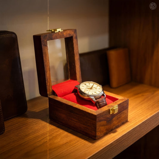 1 Wooden Watch Box with Glass Top & Golden Button | Handmade Sheesham Wood by Woodenxa