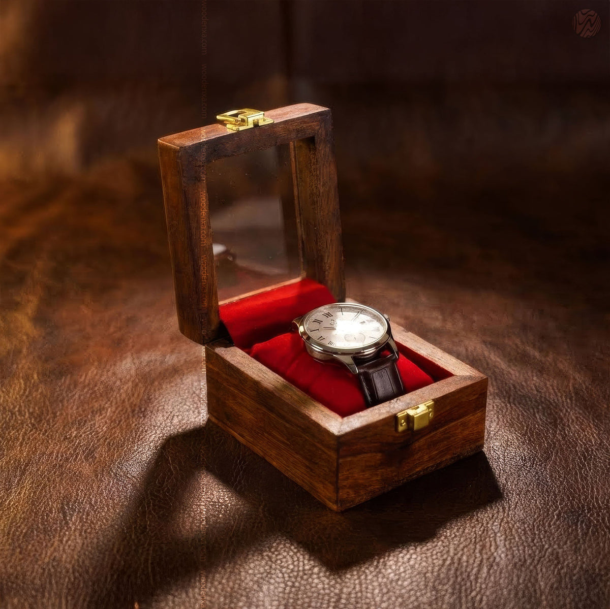 1 Wooden Watch Box with Glass Top & Golden Button | Handmade Sheesham Wood by Woodenxa