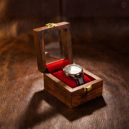 1 Wooden Watch Box with Glass Top & Golden Button | Handmade Sheesham Wood by Woodenxa