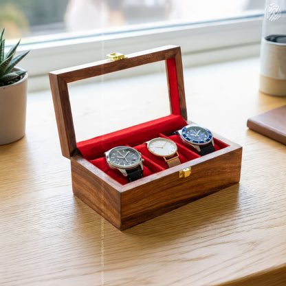 3 Watch Wooden Box with Glass Top, Carving & Golden Button | Handmade by Woodenxa