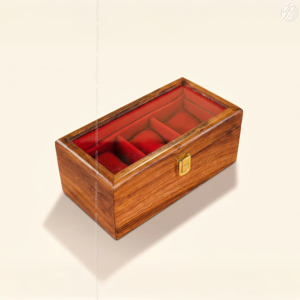 3 Watch Wooden Box with Glass Top, Carving & Golden Button | Handmade by Woodenxa