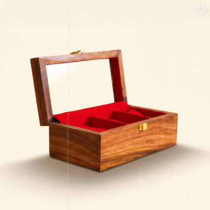 3 Watch Wooden Box with Glass Top, Carving & Golden Button | Handmade by Woodenxa
