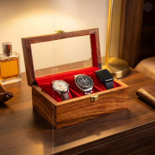 3 Watch Wooden Box with Glass Top, Carving & Golden Button | Handmade by Woodenxa