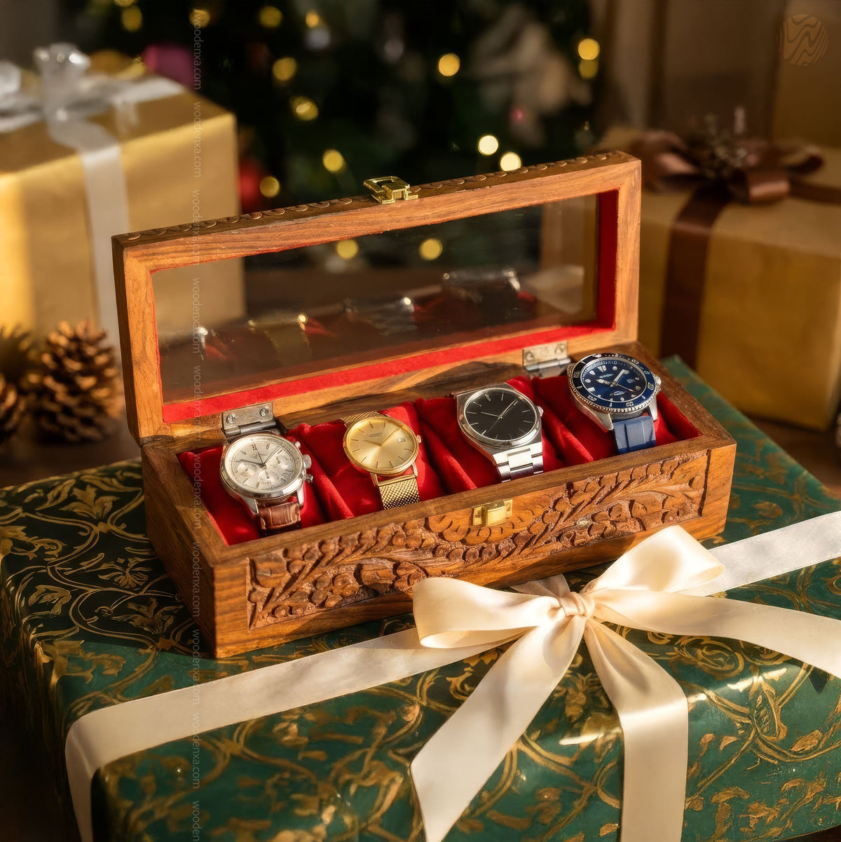 4 Watch Wooden Box with Glass Top, Carving & Golden Button | Handmade by Woodenxa