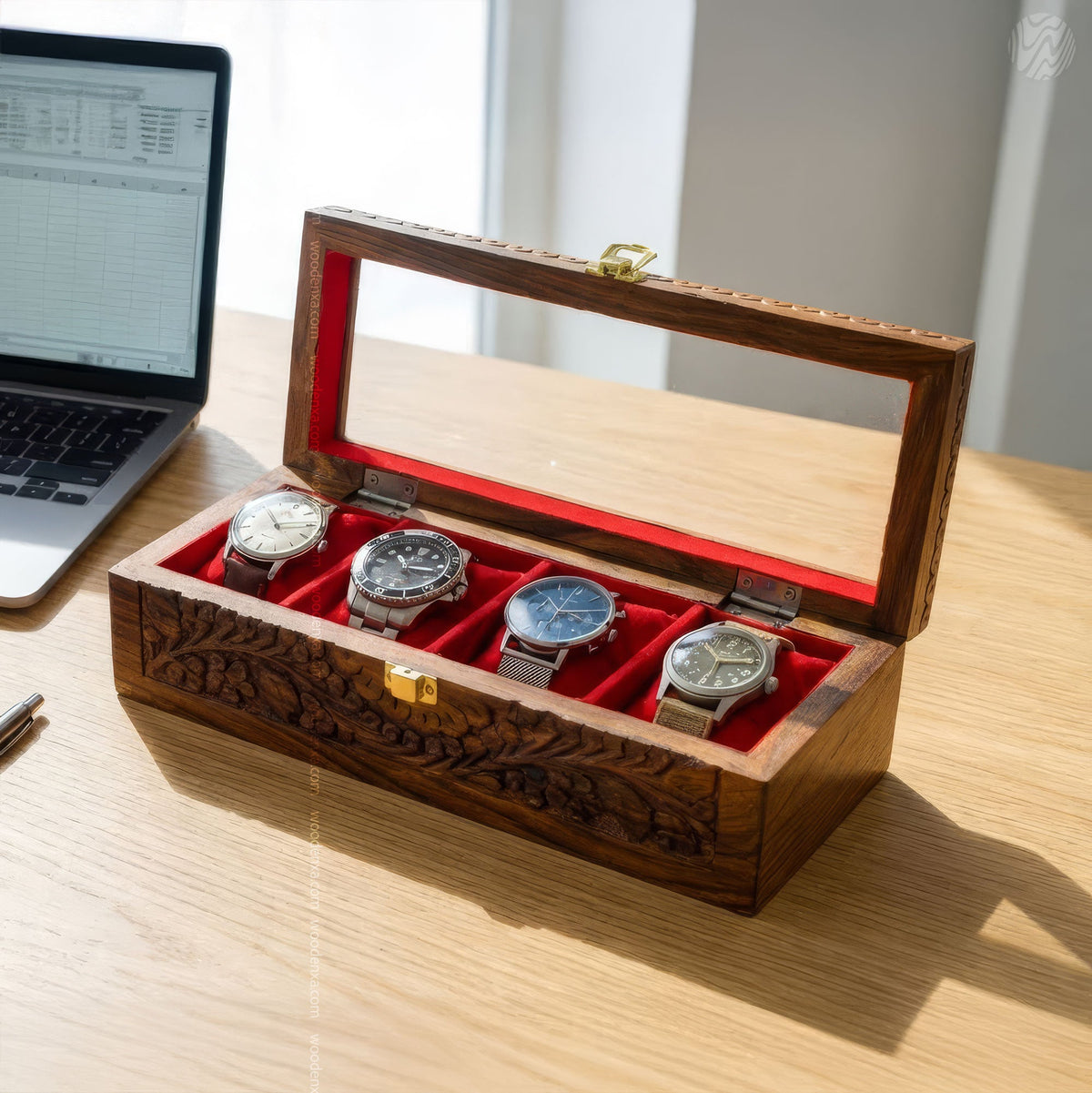 4 Watch Wooden Box with Glass Top, Carving & Golden Button | Handmade by Woodenxa