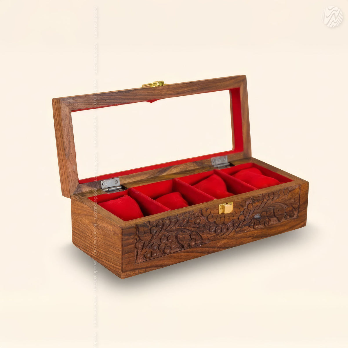 4 Watch Wooden Box with Glass Top, Carving & Golden Button | Handmade by Woodenxa