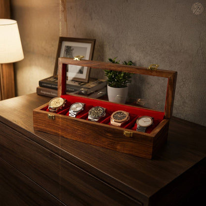 5 Watch Wooden Box with Acrylic Glass Top | Handmade by Woodenxa