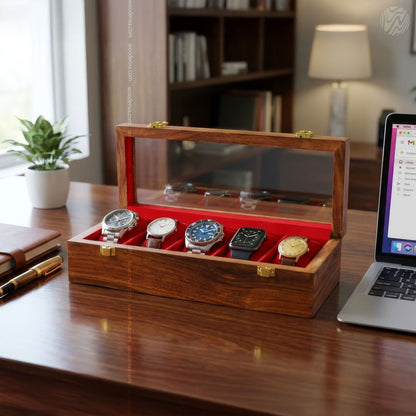 5 Watch Wooden Box with Acrylic Glass Top | Handmade by Woodenxa
