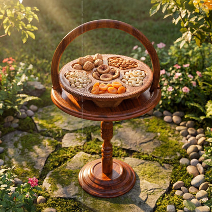 Dry Fruit Wooden Table with Foldable Basket | Handmade by Woodenxa