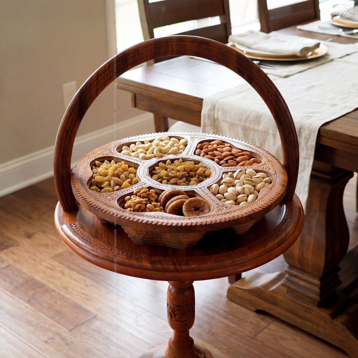 Dry Fruit Wooden Table with Foldable Basket | Handmade by Woodenxa