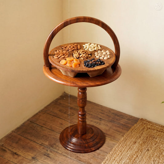 Dry Fruit Wooden Table with Foldable Basket | Handmade by Woodenxa