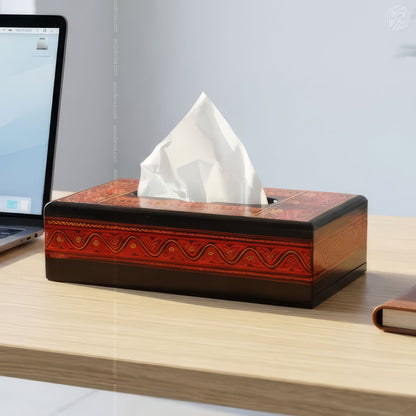 Black Wooden Tissue Box with Red Naqshi Art | Handmade by Woodenxa