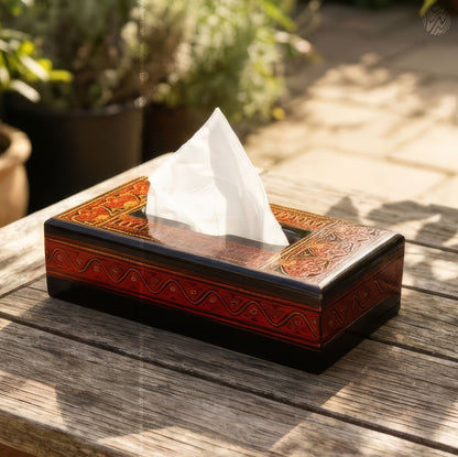 Black Wooden Tissue Box with Red Naqshi Art | Handmade by Woodenxa