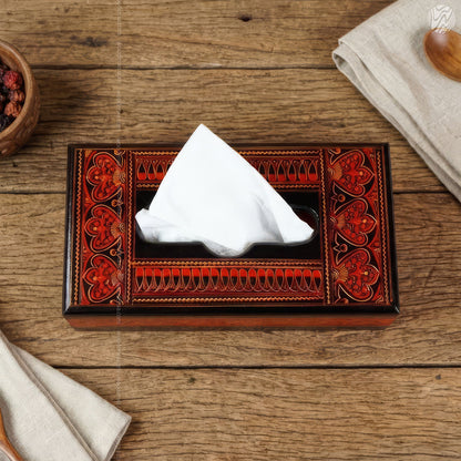 Black Wooden Tissue Box with Red Naqshi Art | Handmade by Woodenxa