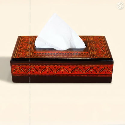 Black Wooden Tissue Box with Red Naqshi Art | Handmade by Woodenxa