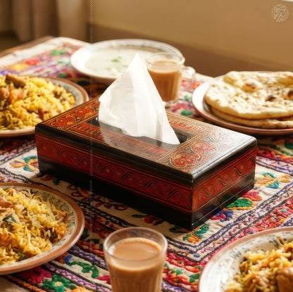 Black Wooden Tissue Box with Red Naqshi Art | Handmade by Woodenxa