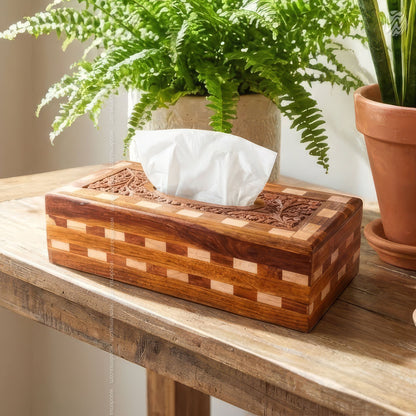 Wooden Tissue Box Tukri Design | Rustic Handmade Aesthetic by Woodenxa