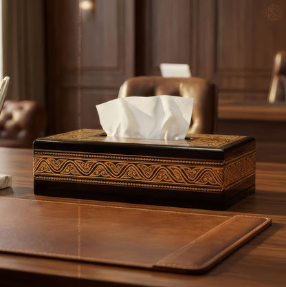 Black Wooden Tissue Box with Golden Naqshi Art | Handmade by Woodenxa