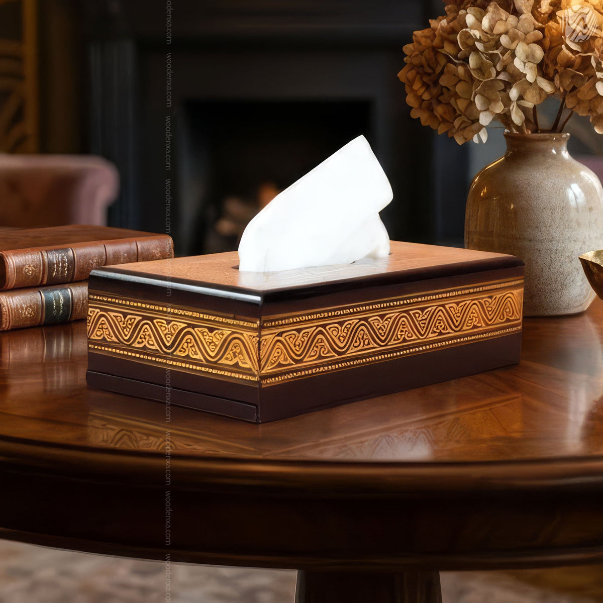 Black Wooden Tissue Box with Golden Naqshi Art | Handmade by Woodenxa