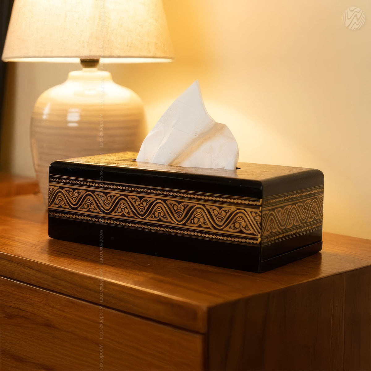 Black Wooden Tissue Box with Golden Naqshi Art | Handmade by Woodenxa