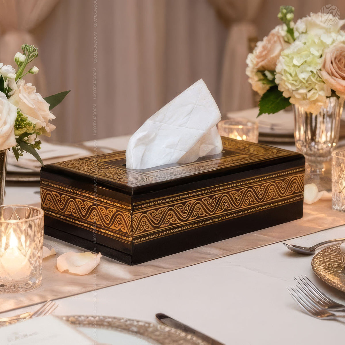 Black Wooden Tissue Box with Golden Naqshi Art | Handmade by Woodenxa
