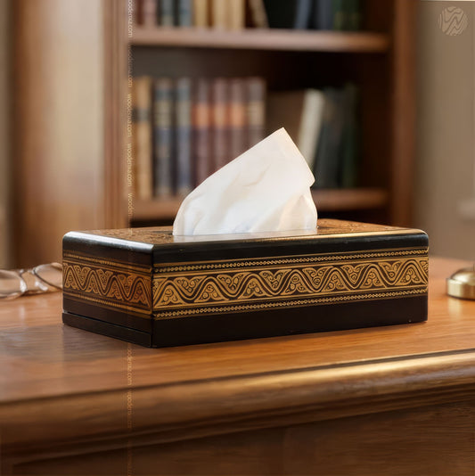 Black Wooden Tissue Box with Golden Naqshi Art | Handmade by Woodenxa